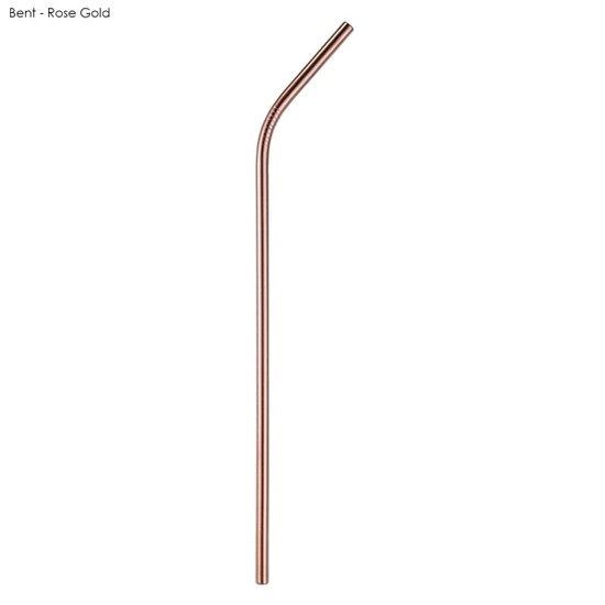 A rose gold stainless steel bent straw, measuring 6mm x 215mm, with a simple design and branding.