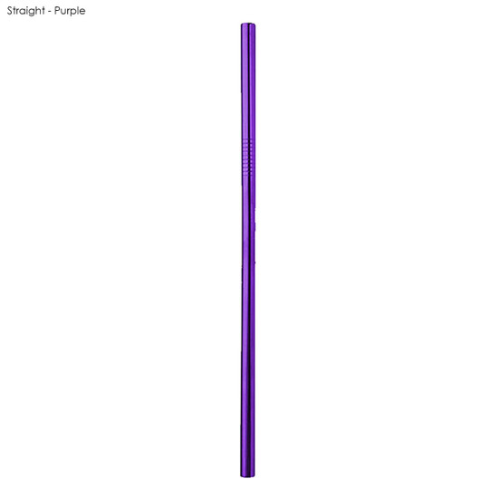 A purple stainless steel straw, straight design, featured in a minimalist style against a plain background.