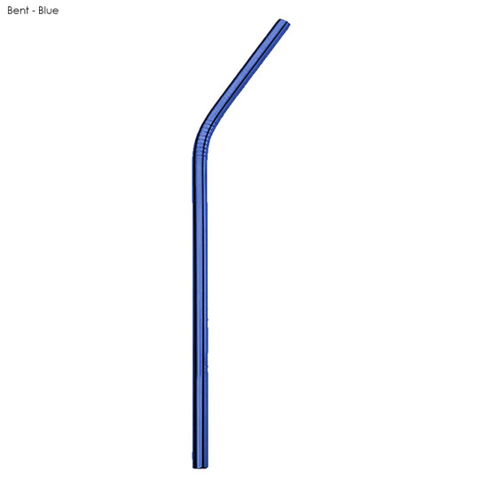 A bent stainless steel straw in blue, measuring 8mm x 215mm, featuring a logo.
