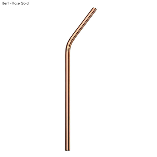 A bent stainless steel straw in rose gold, featuring a sleek design and a branded logo.