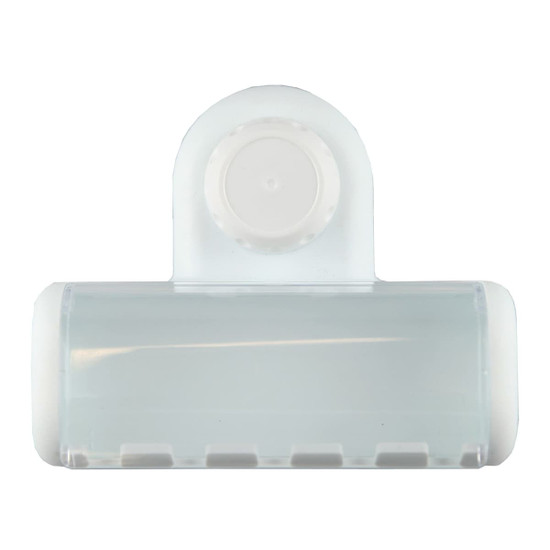 A clear plastic toothbrush holder with a white top and a circular attachment. It features multiple slots for toothbrushes.