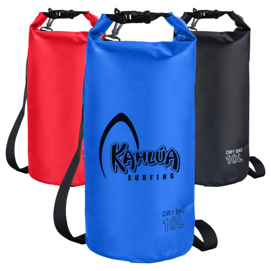 A blue, red, and black dry bag, each featuring a strap and a logo, designed for keeping contents dry.