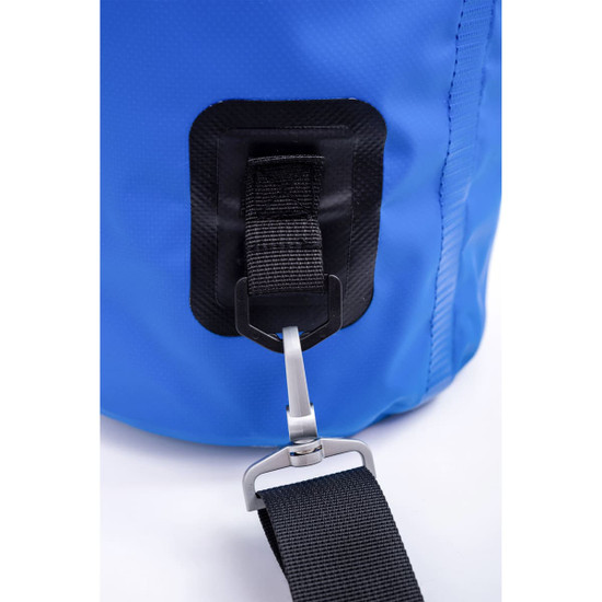 A blue Deluxe Dry Sack featuring a black strap and metal clip for secure fastening. It has a logo on the surface.