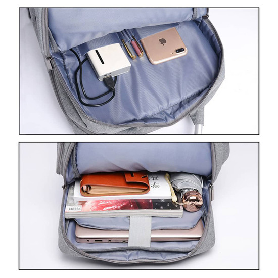 A grey Tokiro laptop backpack interior featuring a laptop, smartphone, charger, and stationery items.