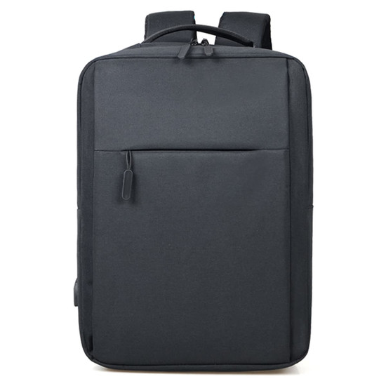 A dark grey backpack featuring a front pocket and dual shoulder straps. It has a streamlined design and a top handle.