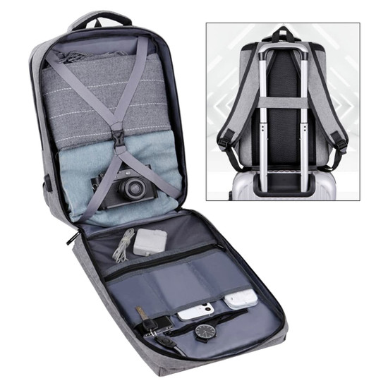 A grey laptop backpack with compartments for a camera, cables, and a watch, featuring a logo.