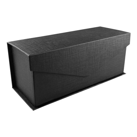 A sleek black box with a textured finish, designed for packaging and storage. It features a flap closure.