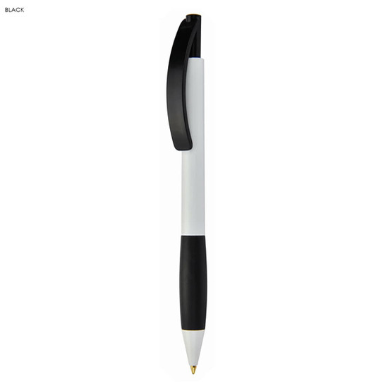 A plastic pen in white and black, featuring a clip and a branding logo.