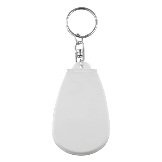 A white pill cutter with a keyring attachment, featuring a smooth, rounded design.