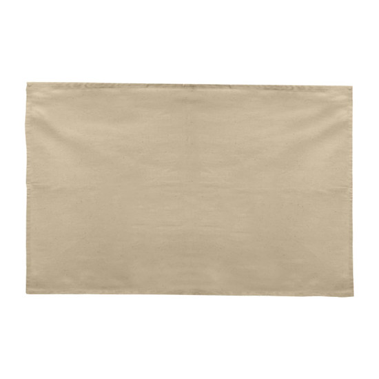 A beige cotton tea towel with a plain surface, featuring a logo in one corner.