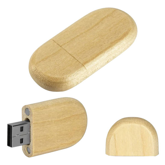 A wooden bamboo USB flash drive in a natural finish, featuring a removable cap and a sleek, oval design.