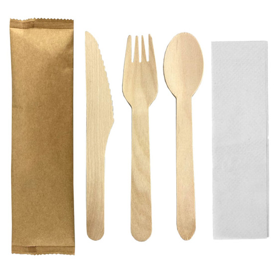 A wooden cutlery set featuring a knife, fork, and spoon in light wood tones, accompanied by a napkin and packaging.