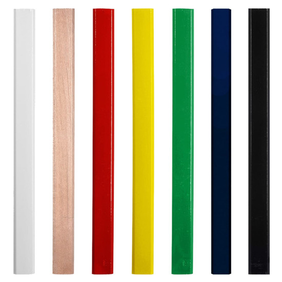 A set of carpenter pencils in various colours: white, natural wood, red, yellow, green, blue, and black.