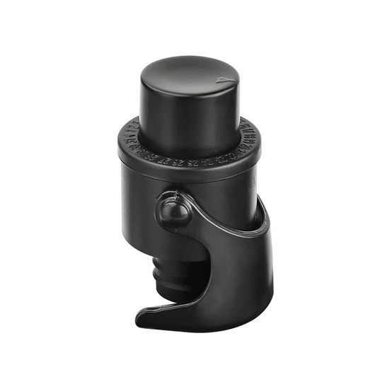 A black champagne stopper with a hook design and a sealing mechanism for bottles. It features a logo on the side.