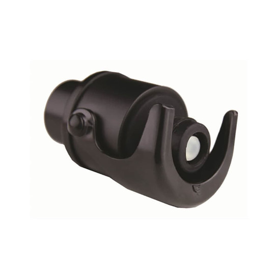 A black champagne stopper with a sleek design, featuring a curved handle and a secure seal mechanism.