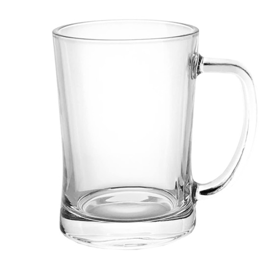 A clear glass beer mug with a sturdy handle and a thick base, designed for serving beverages.