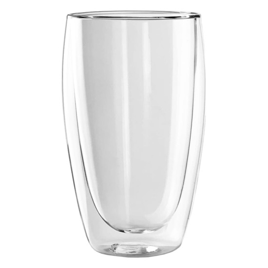 A drink bottle made of clear glass with a double wall design, featuring a sleek and modern shape.