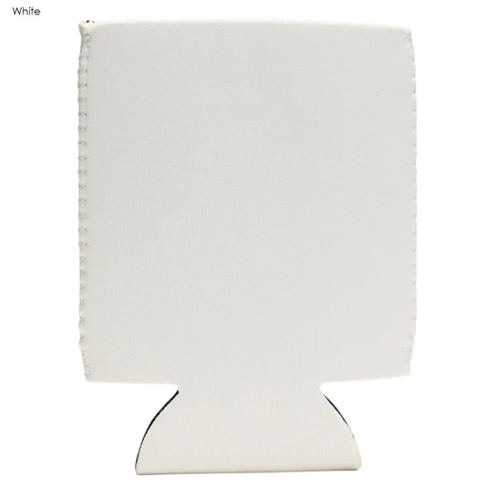 A white neoprene stubby cooler with a simple design and a logo. Ideal for keeping drinks cold.