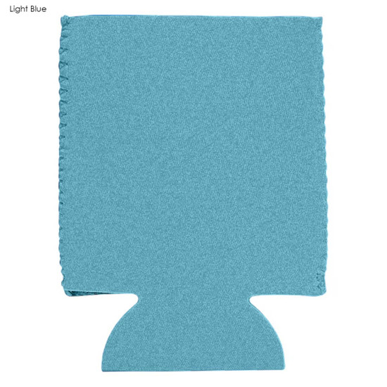 A light blue neoprene stubby cooler with a stitched edge and a cut-out base, featuring a logo.