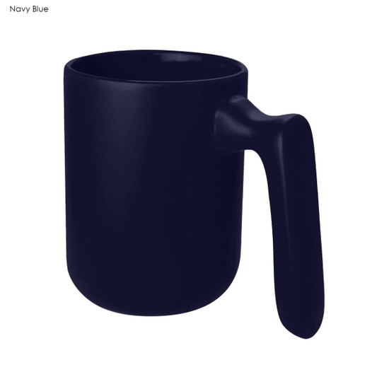 A navy blue coffee mug with a sleek handle and a simple, modern design. It features a branding logo.