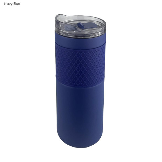 A drink bottle in navy blue with a textured grip and a clear lid. It has a logo on the side.