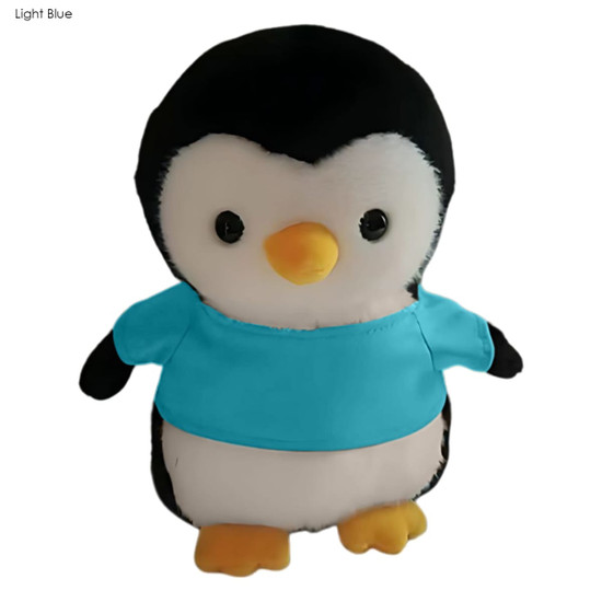 A plush penguin toy with black and white fur, wearing a light blue shirt, and featuring a small beak and round eyes.