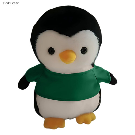 A plush penguin toy with a black and white body, wearing a dark green shirt and featuring round black eyes.