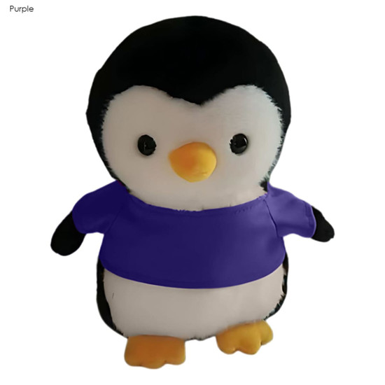 A plush penguin toy with a black and white body, orange beak, and wearing a purple shirt.