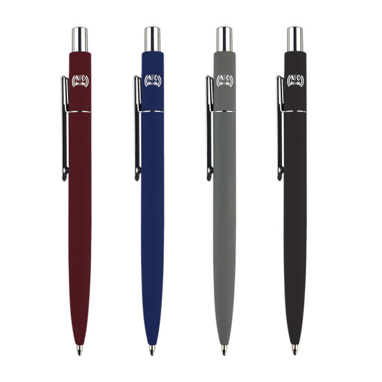 A set of four metal pens in burgundy, blue, grey, and black, each featuring a logo on the barrel.