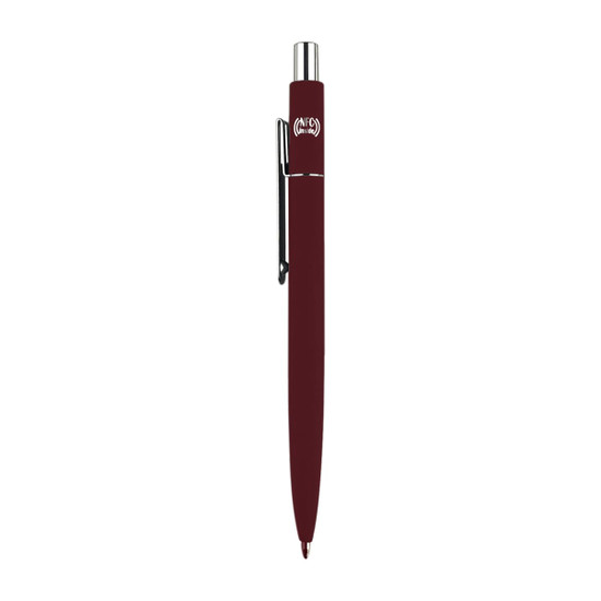 A burgundy metal pen with a silver clip and a logo on the barrel.