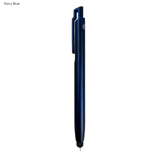 A navy blue stylus pen with a sleek design and a clip for attachment, featuring a branding logo.