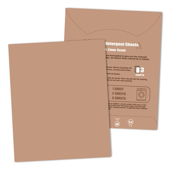 A set of brown detergent sheets product packaging with a linen scent, featuring instructions and a logo.