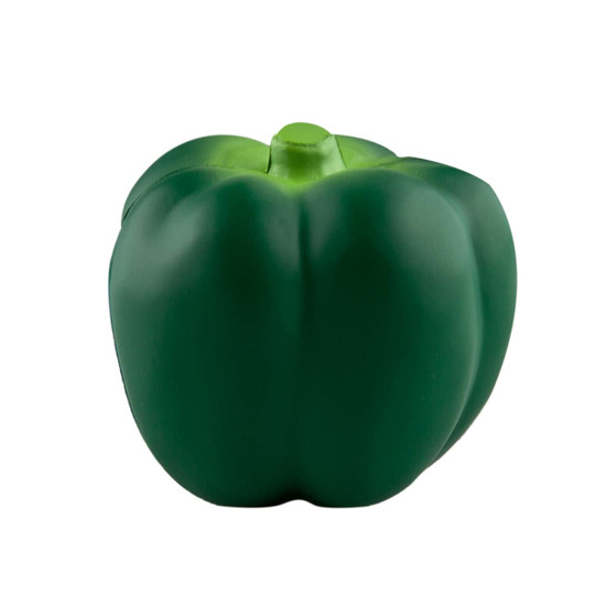 A green bell pepper stress toy with a smooth texture and rounded shape, featuring a logo on the side.