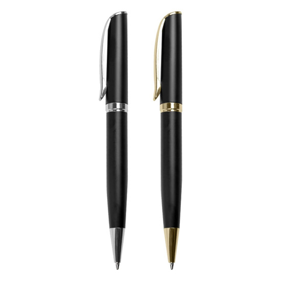 A set of two metal pens in black with silver and gold accents, featuring sleek designs and clips.