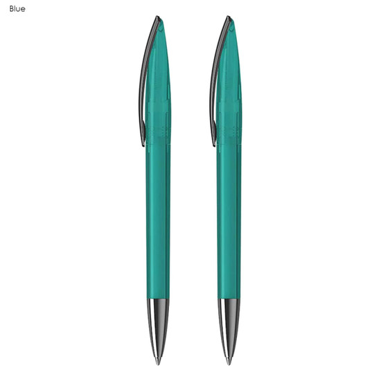 A set of two blue plastic pens with silver accents, featuring a sleek design and clear barrel.