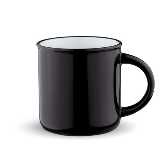 A black mug with a white interior and a sturdy handle. It features a logo on the side.