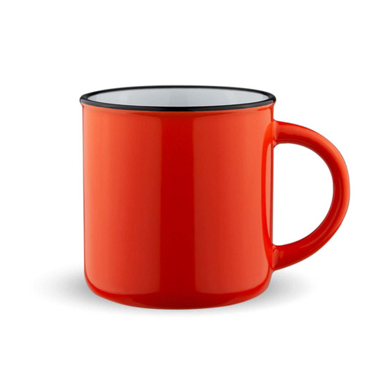 A drink mug in bright red with a black rim and a large handle. It has a glossy finish and a simple design.