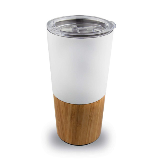 A drink bottle featuring a white upper with a bamboo lower section and a clear lid. It includes a logo.