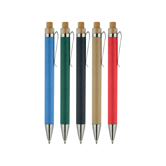 A collection of five recycled cardboard pens in blue, green, black, brown, and red with silver accents.