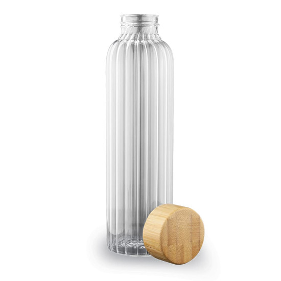 A drink bottle with a ribbed transparent glass body and a round bamboo lid.