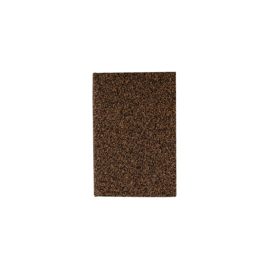 A brown notebook with a textured cover resembling coffee grounds. It features a logo on the front.