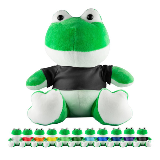 A green frog plush toy with a black shirt, sitting upright. Several smaller frog plush toys in various colours are displayed below.