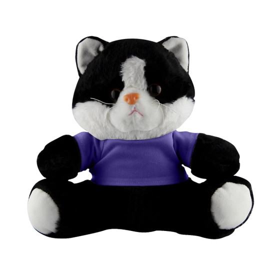 A plush cat toy with a black and white design, wearing a purple shirt and sitting upright. It has large, expressive eyes.