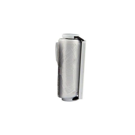 A grey pet bag dispenser with a clip for easy attachment and a roll of bags inside.