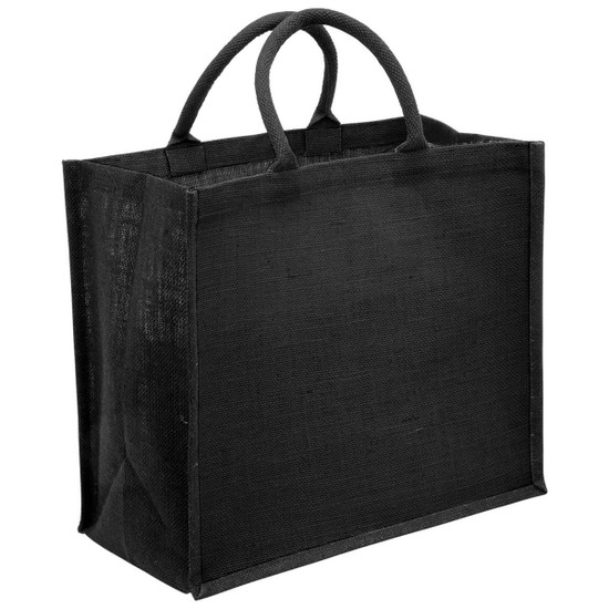 A black eco jute tote bag with a wide gusset and sturdy handles. It features a plain design without visible branding.