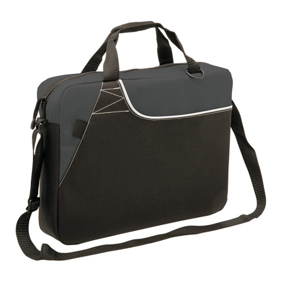 A black and grey laptop bag with a shoulder strap, featuring a logo on the front.