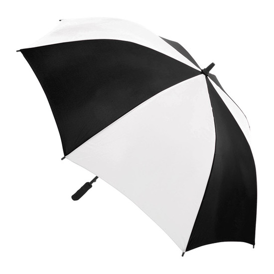 A black and white striped umbrella with a sturdy handle, featuring a branding logo. Ideal for leisure and outdoor use.