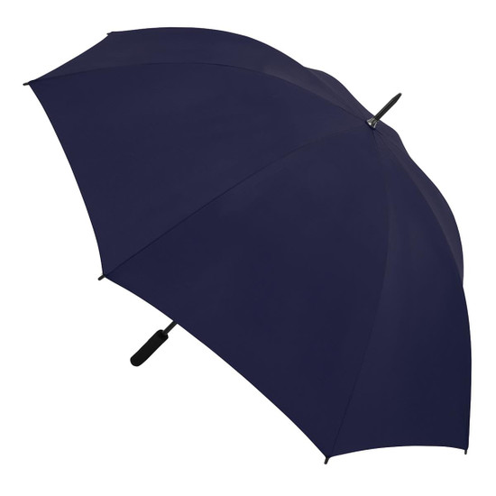 A navy umbrella featuring a simple design and a black handle, with a logo on the side.