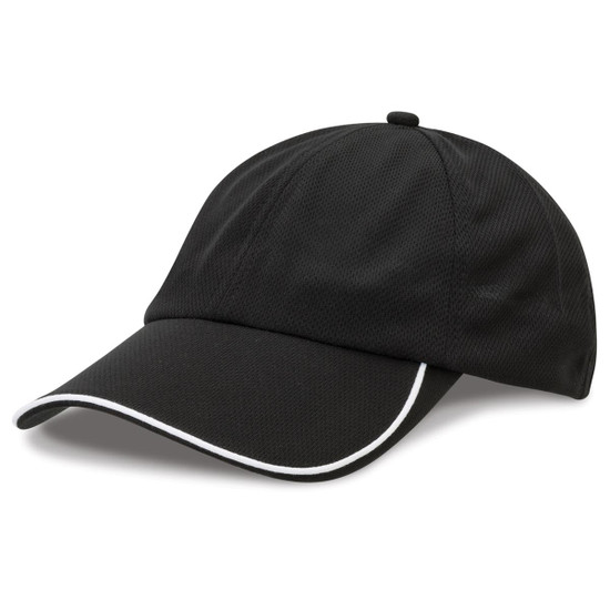 A black cap with a curved brim and white piping, featuring a logo on the front.