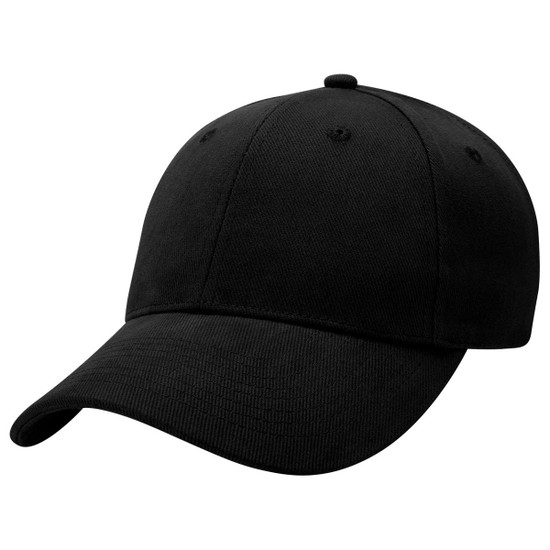 A black heavy brushed cotton cap with a curved peak and six ventilation eyelets. It features a logo on the front.